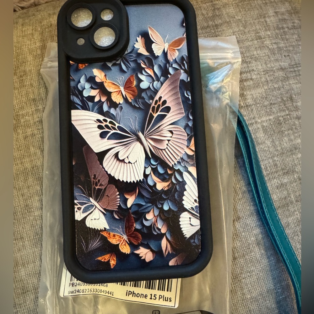 Floral Butterfly iPhone 15 Plus Case - Blue and Black